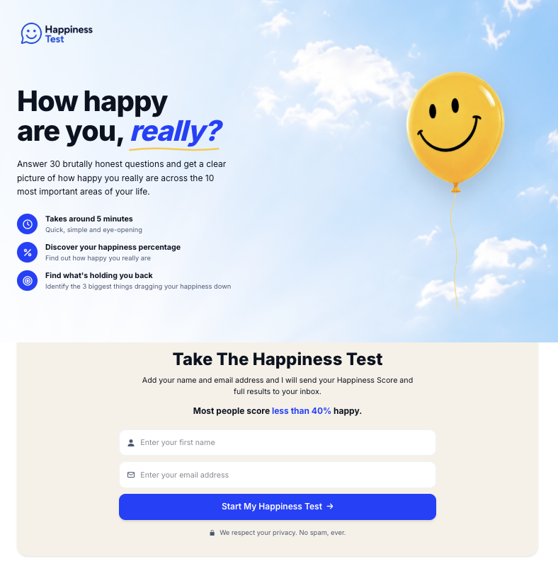 Happiness Test landing page preview